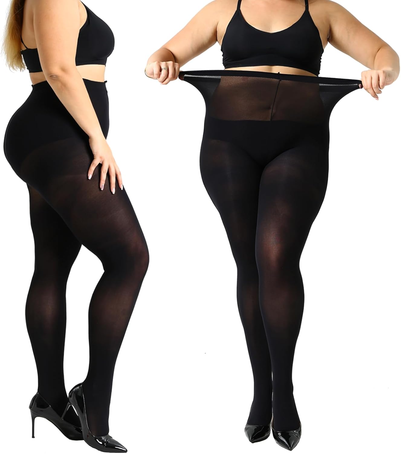 MANZI 2 Pairs 70 Denier Women's Plus Size Tights Stretch Opaque Control Top Tights