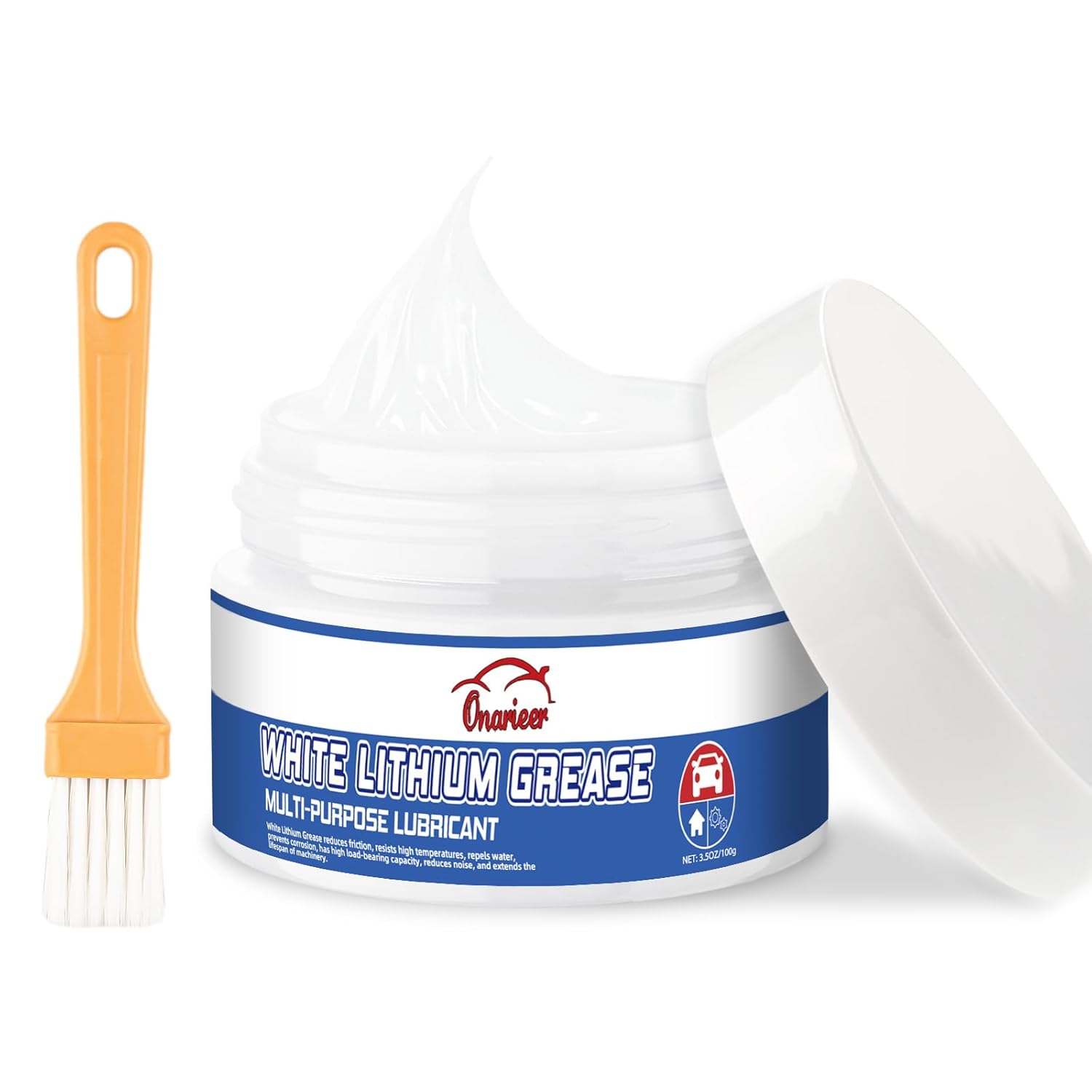 White Lithium Grease, Multi-Purpose Lubricant Lithium Grease with Brush, Garage Door Hinge Lubricant for Metal-to-Metal Applications, Ideal for Automotive, Marine, and Industrial Use (3.5oz)