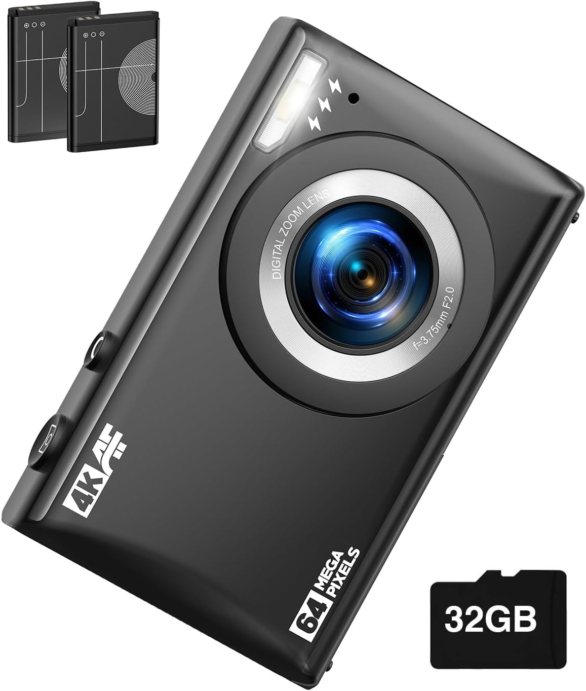 Digital Camera 4K UHD Compact Digital Cameras 64MP Autofocus Mini Photo Camera with 32G SD Card, 18X Vlogging Cameras for Kids Beginners Teens 2 Batteries