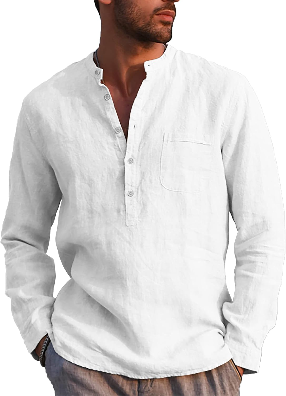 LVCBL Mens Casual Cotton Shirt Long Sleeve Band Collar Henley Shirt Tops