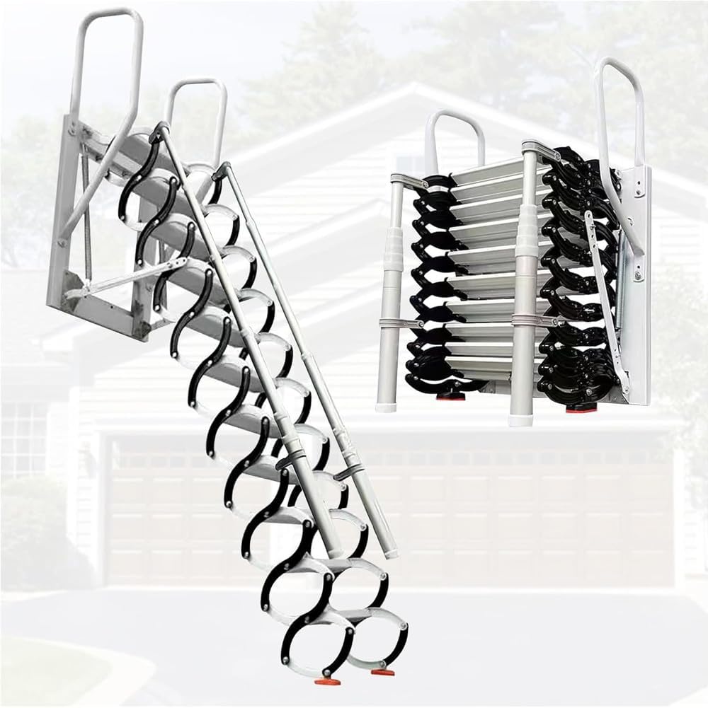 Wall Mounted Attic Ladder, Non-Slip Folding Ladder, Pull Down Loft Stairs for Indoor 12 Steps Retractable Home Attic Stairs, Loft Ladder with Armrests Outdoor, Non slip,001