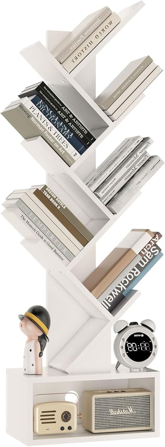 YMYNY 6 Tier Tree Bookshelf, Tall Bookcase, Wood Book Storage Rack with Drawer, Modern Floor Standing Book Shelf for Books/Movies/CDs, Utility Organizer for Living Room, Home Office, White HBC016W