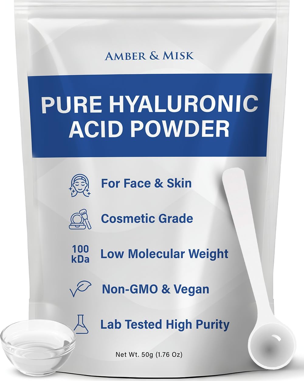 Pure Hyaluronic Acid Powder for Skin & Face - Cosmetic Grade, Low Molecular Weight, DIY Serums for Deep Penetration and Organic Skin & Body Hydration, Acido Hialuronico en Polvo, Includes Scoop (50g)