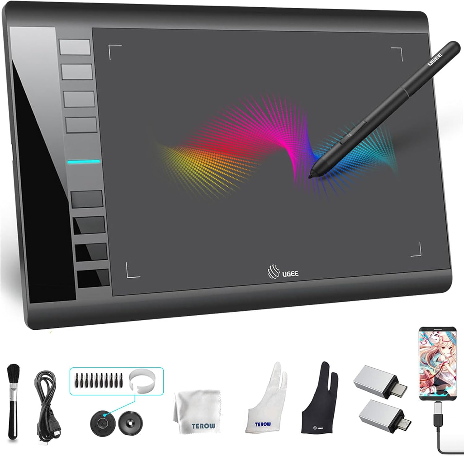 UGEE Graphics Drawing Tablet, M708 V2 Upgrade Support Android Device,10x6 Inch Ultra Thin Large Digital Graphic Tablets for PC, Pad with 8 Hot Keys 8192 Level Battery-Free Stylus for Creation Sketch