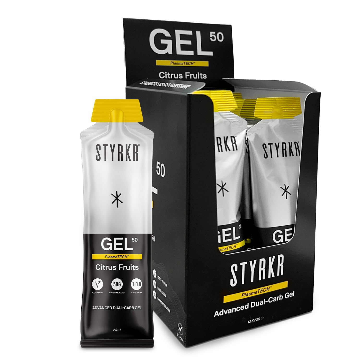 GEL50 Energy Gels by Styrkr - 50g of Carbs - Pack of 12 Citrus Flavoured Energy Gels for Cycling & Running - Approved by Endurance Athletes - Advanced Dual-Carb Formulation - GEL50 Citrus 12x Pack