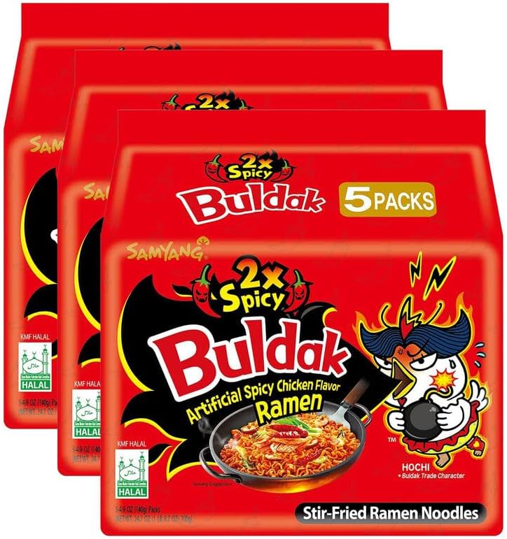 Samyang Chicken Ramen Noodles (140 x 5) Gram - Instant Korean Style Spicy Flavour - Quick & Delicious Instant Chewy Noodles (Pack of 3, Samyang 2xSpicy Noodles)