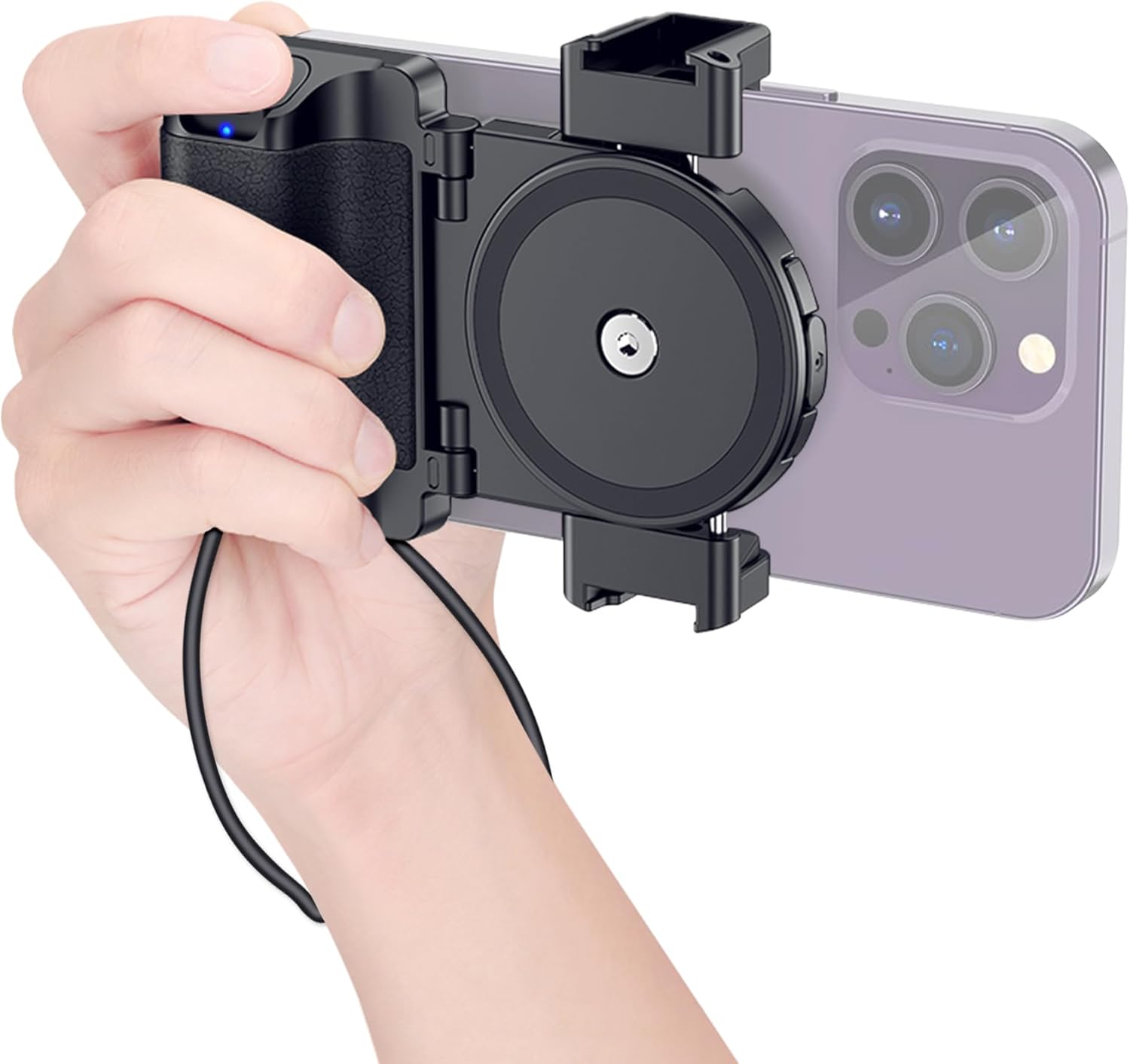 Compact Smartphone Handle Grip Holder with Detachable Wireless Remote Control & Cold Shoe Mounts Compatible with iPhone 16 15 14 13 12 11 Galaxy PIXEL MATE 55-90 mm Wide for Vlog Video Photo (Black)