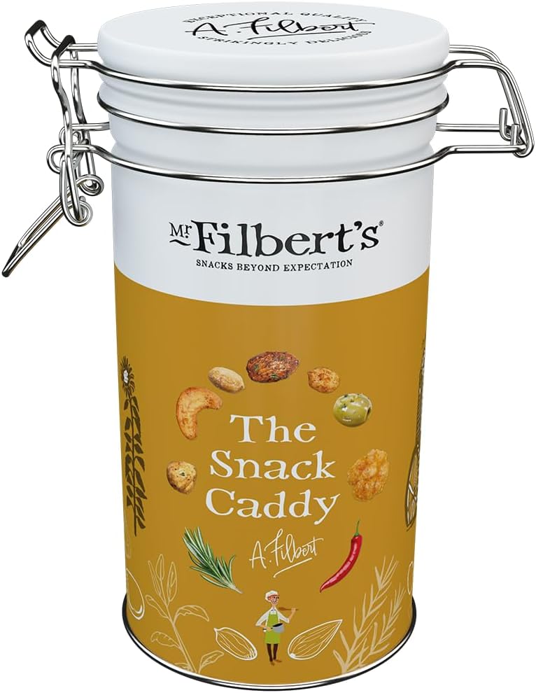 Mr Filbert's - The Snack Caddy! Non-Nut Selection, Sea Salt Crunchy Corn, Chilli Rice Crackers, Green olives with Basil and Coriander, Small Tin, 110g