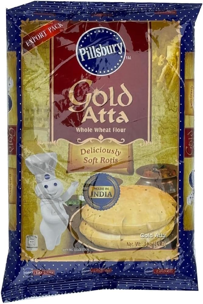 Pillsbury Gold Atta - 1Kg, Whole Wheat Flour, High Fiber Chakki Fresh Flour for Soft and Fluffy Rotis, Ideal for Everyday Meals, Product From India (Pack of 2)