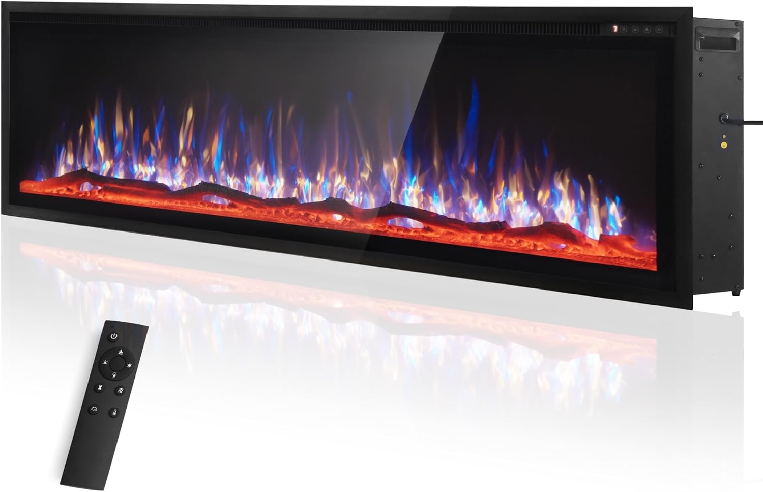 PHI VILLA 60" Electric Fireplace Wall Mounted, in Wall Recessed Fireplace Electric with Crystal, Fake Charcoal & Log Sets for Indoor, Remote Control, 750W/1500W, Timer, Ultra-Narrow Bezel