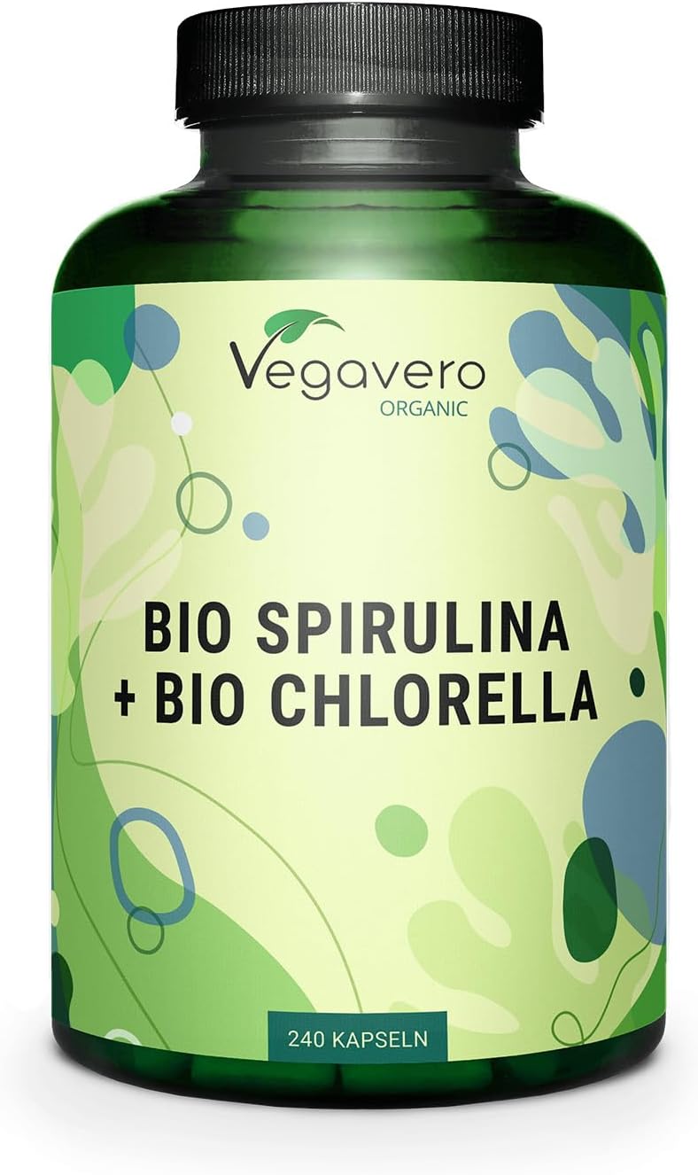 Vegavero Organic Spirulina and Chlorella Capsules High Strength | 2000 mg Per Serving | 240 Capsules | NO Additives | Pure Powder | Vegan