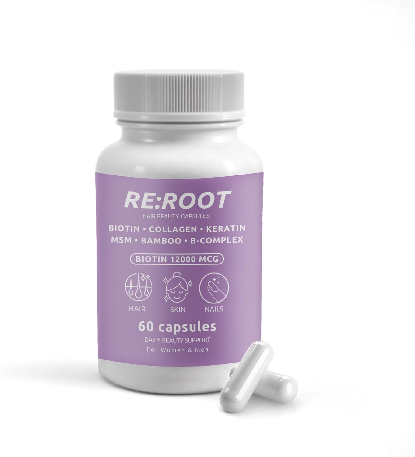 RE:ROOT Hair Beauty Capsules – Biotin 12,000 mcg, Collagen, Keratin, MSM, Bamboo – for Hair, Skin & Nails – 60 Vegan Capsules