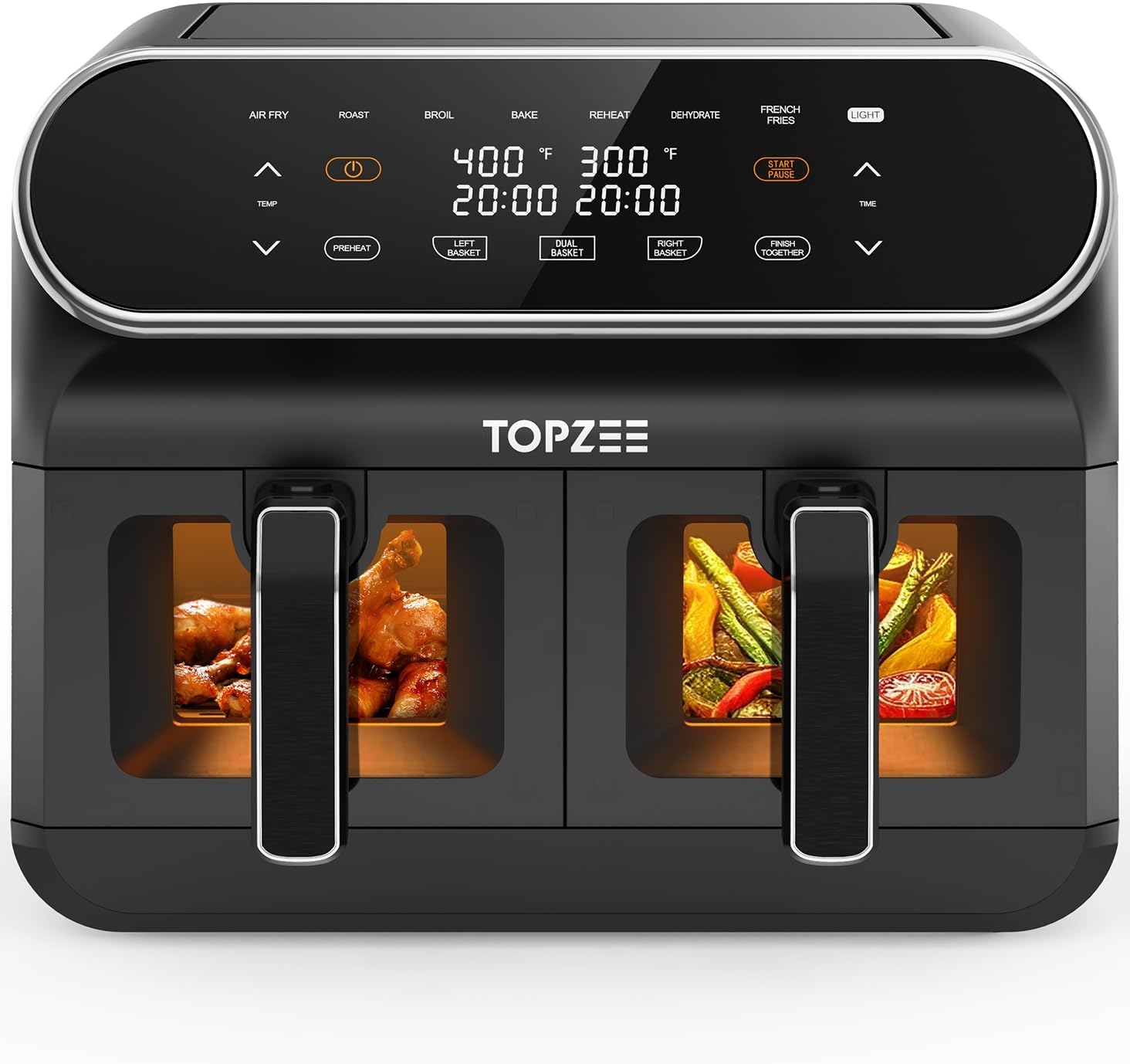 TOPZEE 8L Large Air Fryer - Dual Basket Airfryer with Easy View Windows, Preheat, Air Fry, Roast, Broil, Bake, Dehydrate, 2 Independent 4 L Nonstick Dishwasher Safe Baskets, Black