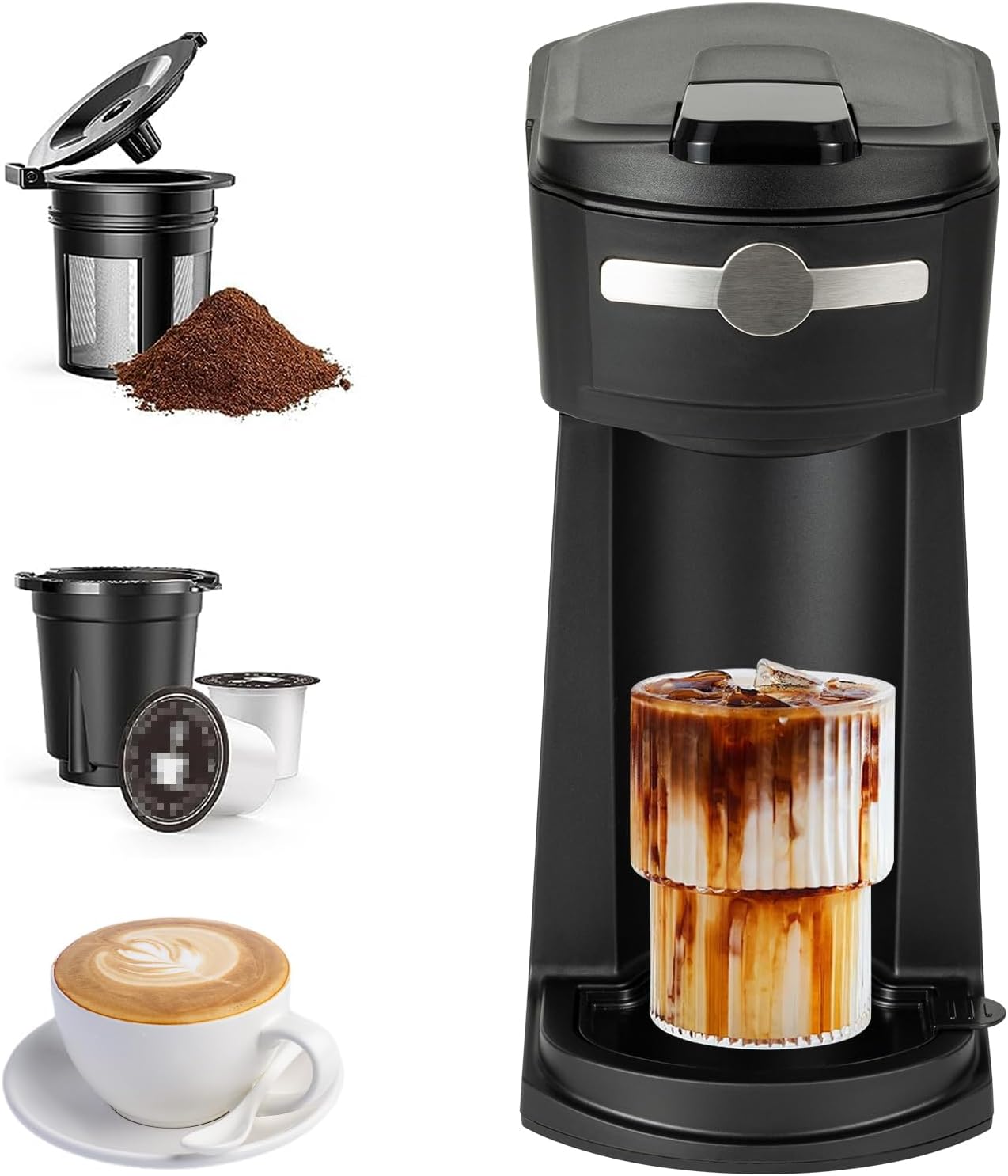 Single Serve K Cup Coffee Maker, 2 in 1 Machine, 6-14 oz Brew Sizes, Auto Shut-off and Reusable Filter, Uses Coffee Pods, Ground Coffee and Loose Leaf Tea,