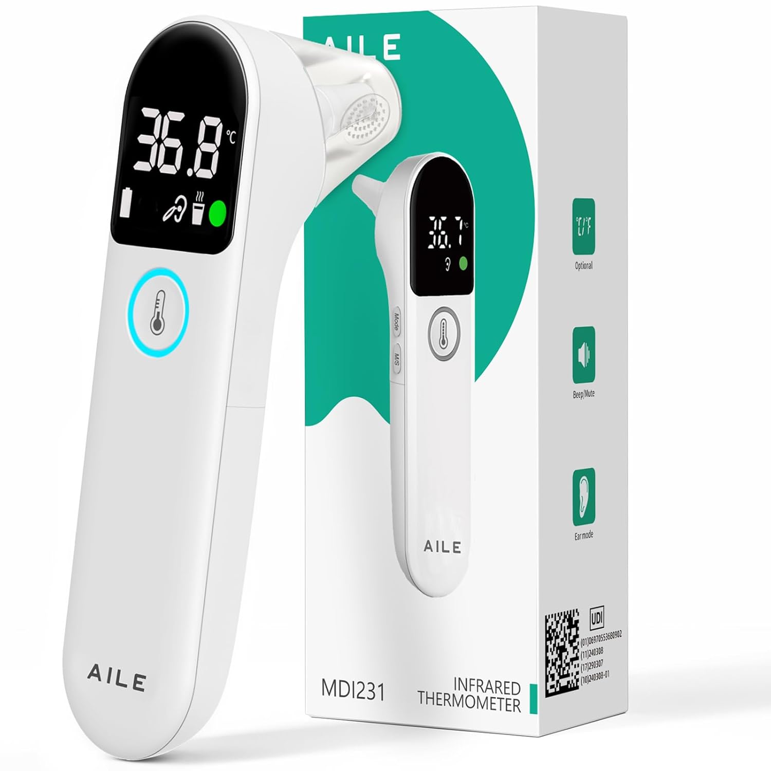 AILE Digital Ear Thermometer for Baby-Adults-Newborn-Kids, Approved UK Accurate Fast Readings, 32 Memory Recall, 3-Color Fever Alert Thermometer for Home Use
