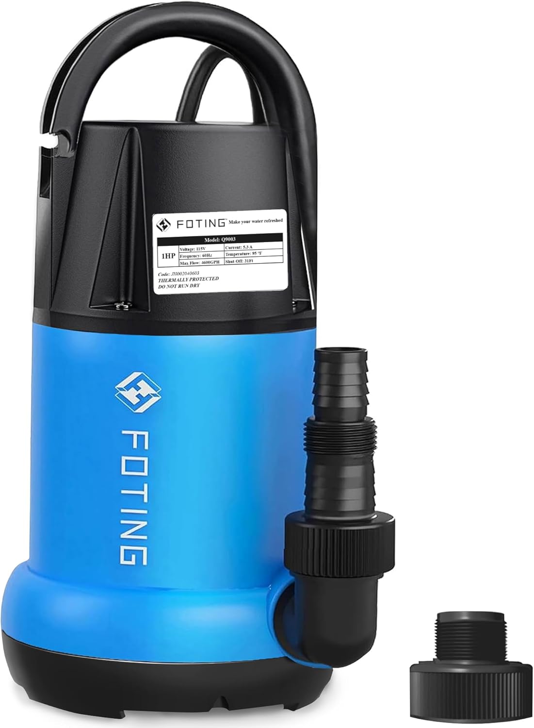 FOTING Sump Pump 1HP Clean/Dirty Submersible Water Pump, 4600GPH Utility Pump Thermoplastic Electric Portable Transfer Water Pump for Swimming Pool Garden Pond Basement with 10ft Long Power Cord
