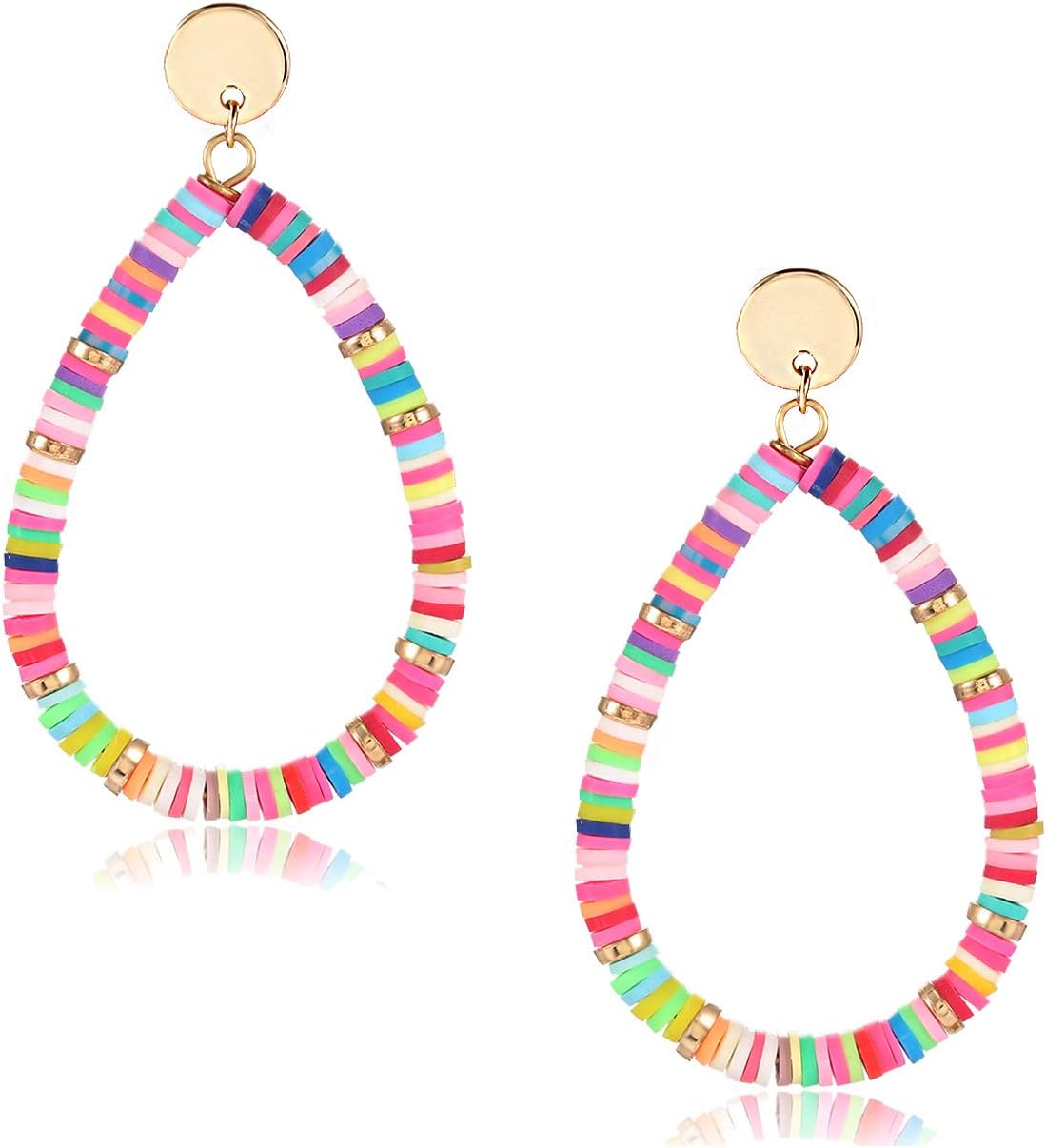 Heishi Bead Drop Earrings for Women Rainbow Vinyl Disc Bead Hoop Dangle Earring Studs Handmade Bohemia Summer Beach Jewelry