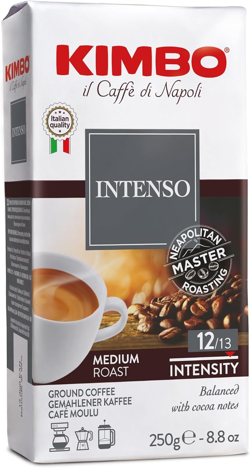 Kimbo Coffee Intenso Ground Coffee 250g | Italian Ground Medium Roast | Full Body, Traditional Naples Blend | Arabica Grind | Roasted in Naples, Italy