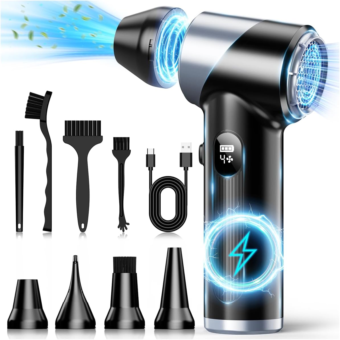 Compressed Air Duster-310,000RPM Cordless Air Blower with LED Light, 4 Gear Adjustable Turbo Fan, Super Power Electric Air Duster for Computer, Keyboard, Outdoor, House and Car