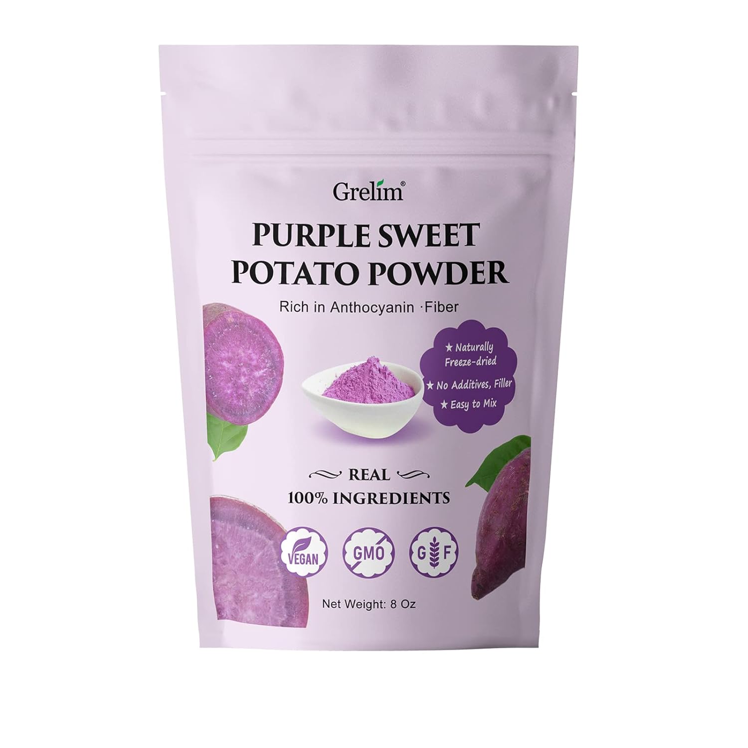 Grelim Premium Purple Sweet Potato Powder 8 Oz, Pure Natural Ube (Purple Yam) Powder Gluten Free Vegan Non-GMO 227g