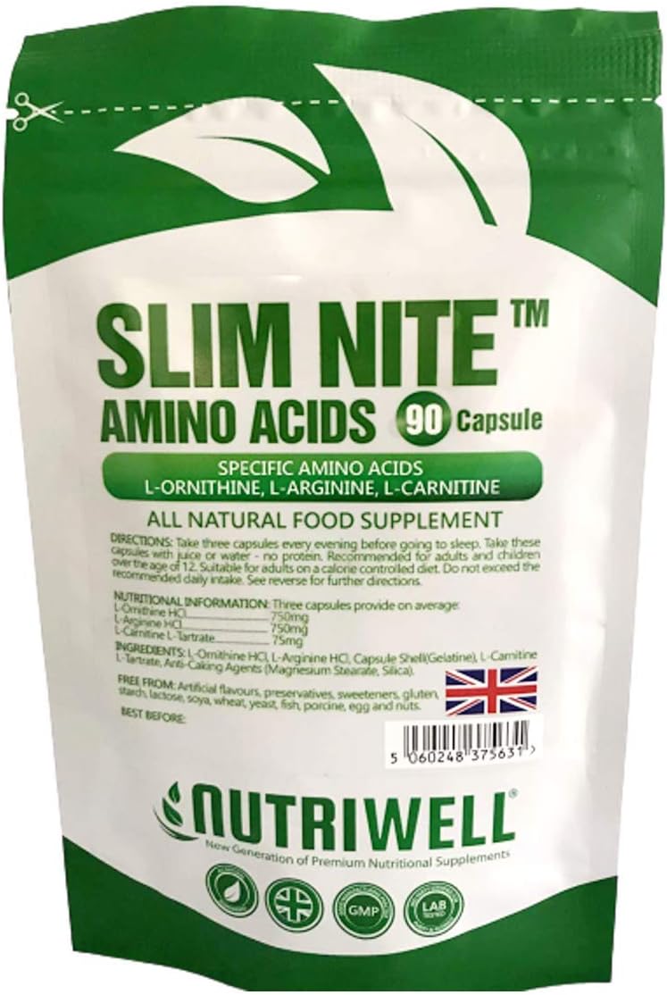 Slim Nite TM, 90 Capsules - 3 Amino Acids, L-Ornithine, L-Arginine and L-Carnitine - Made in The UK by NutriWell