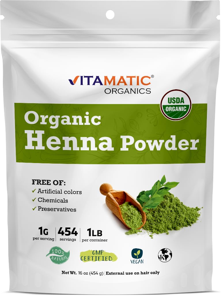 Vitamatic Certified USDA Organic Henna Powder – 1 lb (16 oz) Natural Hair Color | Chemical-Free