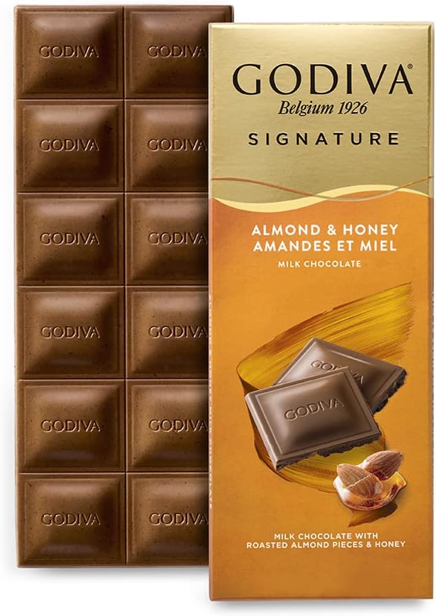 Godiva Chocolatier Signature Almond & Honey Milk Chocolate Tablet - Creamy Milk Chocolate with Roasted Almond Pieces & Honey - 12 Chocolate Squares - Premium and Delicious Chocolate Treat - 90g