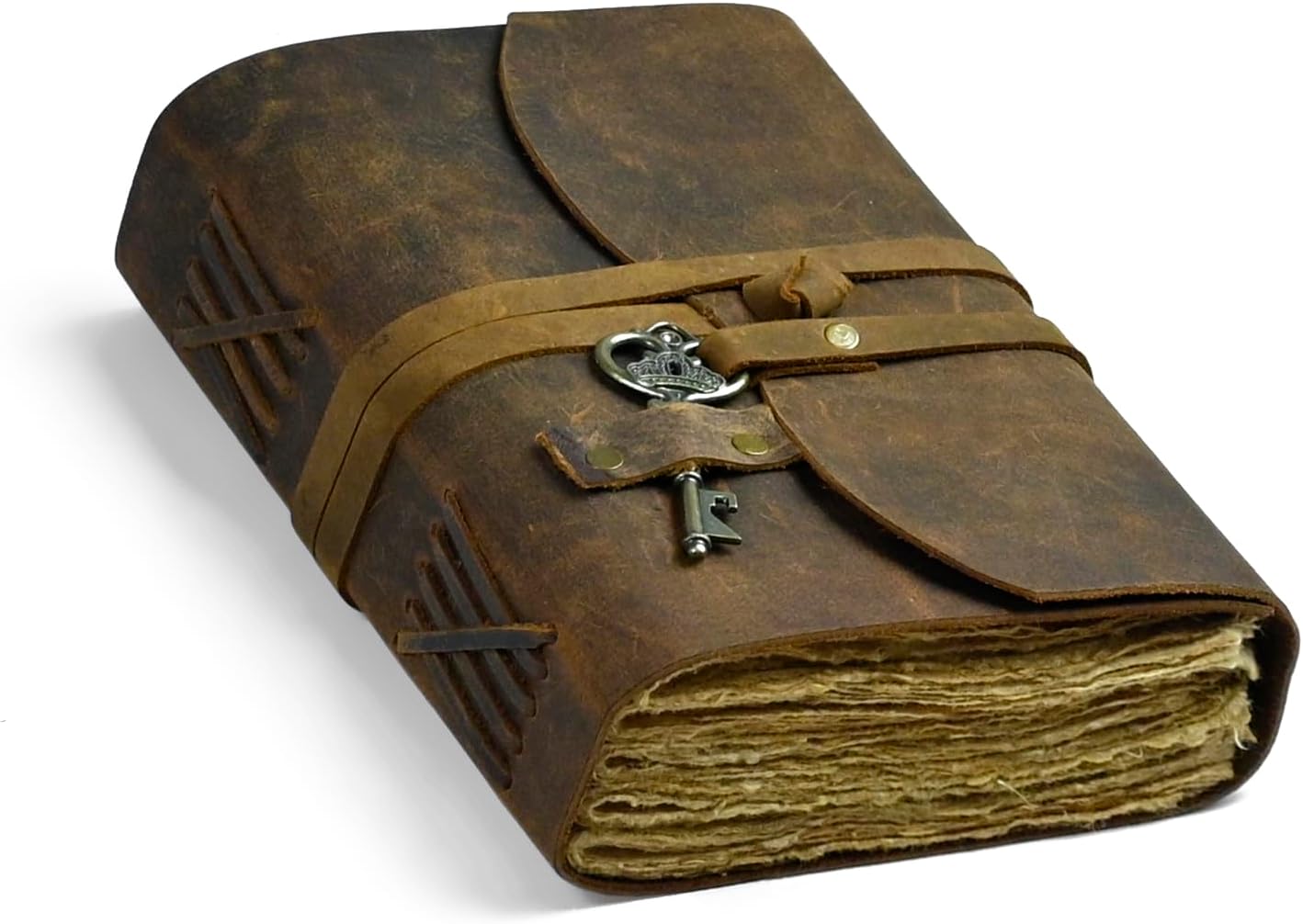 Vintage Leather Journal – 200 Handmade Vintage Deckle Edge Paper – Leather bound Journal For Women Men – Vintage Key Closure - Book of Shadows - Cappuccuno Brown - 8X6 inches A5 (Journal With Key)