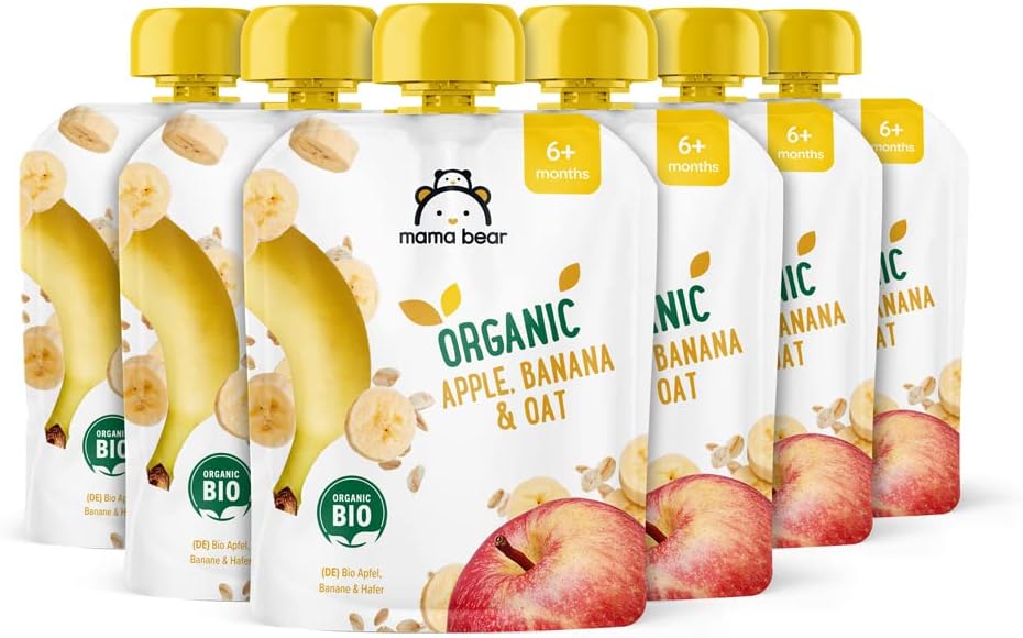 Amazon Brand - Mama Bear Fruit and Cereal Pouch, Organic Apple, Banana & Oat Puree, Vegetarian, 90g, Pack of 6