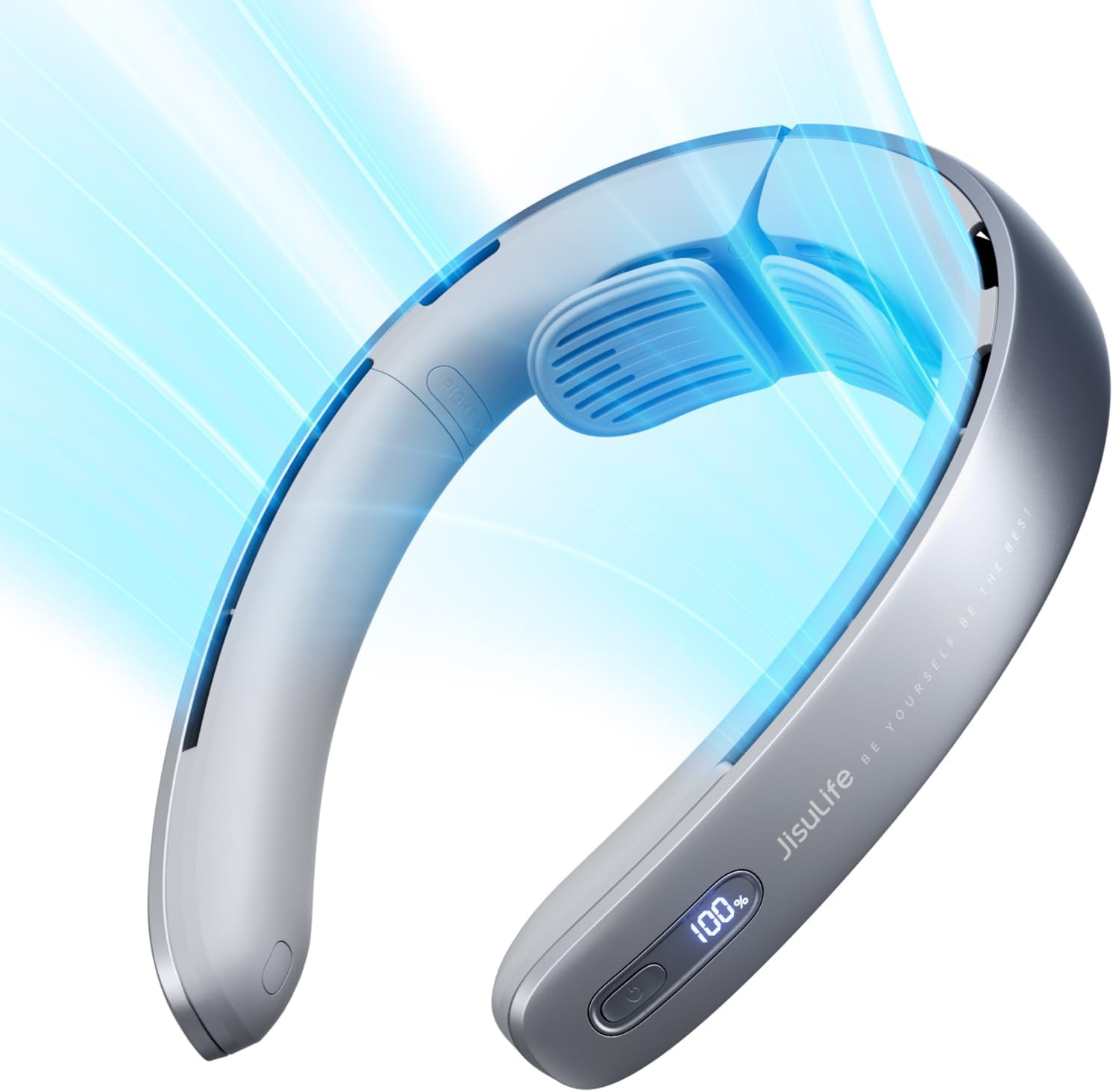 JISULIFE Portable Neck Fan Pro, 100 Speeds Bladeless, Stepless Knob, LED Display, 5000mAh Rechargeable Personal, Mini Hands Free, USB Battery Operated Wearable-Grey