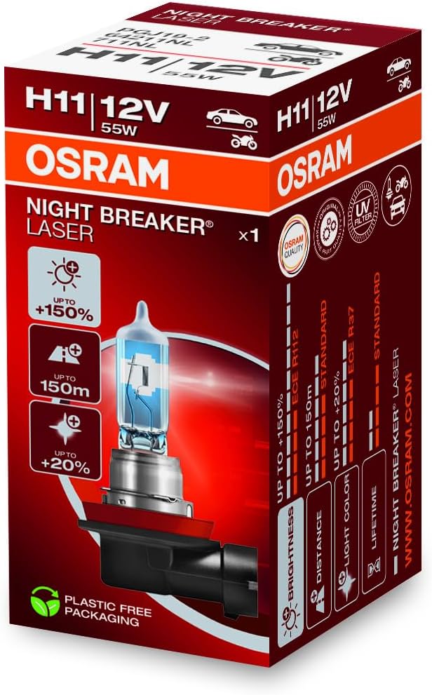 OSRAM NIGHT BREAKER LASER H11, +150% more brightness, halogen headlight lamp, 64211NL, 12V, folding box (1 lamp)