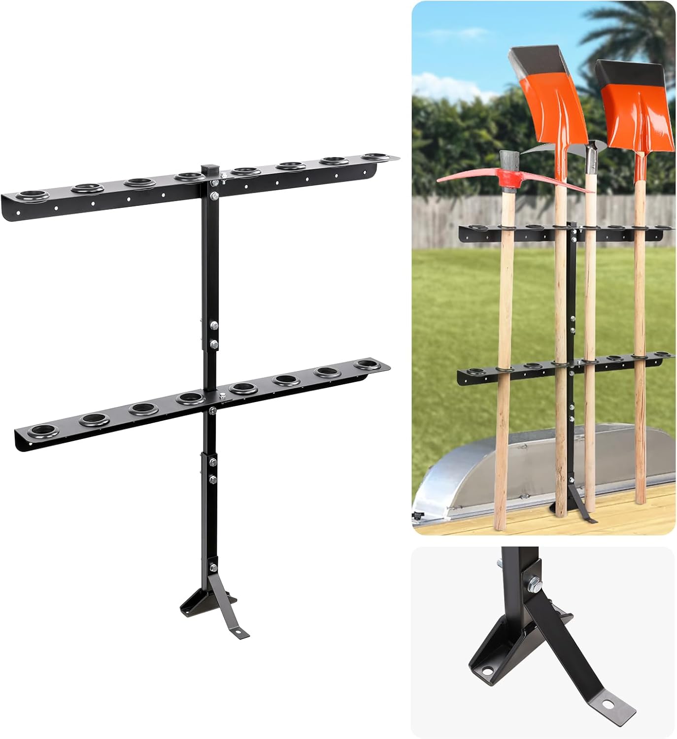 JDMON Trailer Tool Rack with 8 Tool Holes & Rear Support, Heavy Duty Steel Shovel Holder for Lawn Equipment, Thickened Base Landscape Hand Tool Rack Compatible with Open Trailers, Lawn, Yard