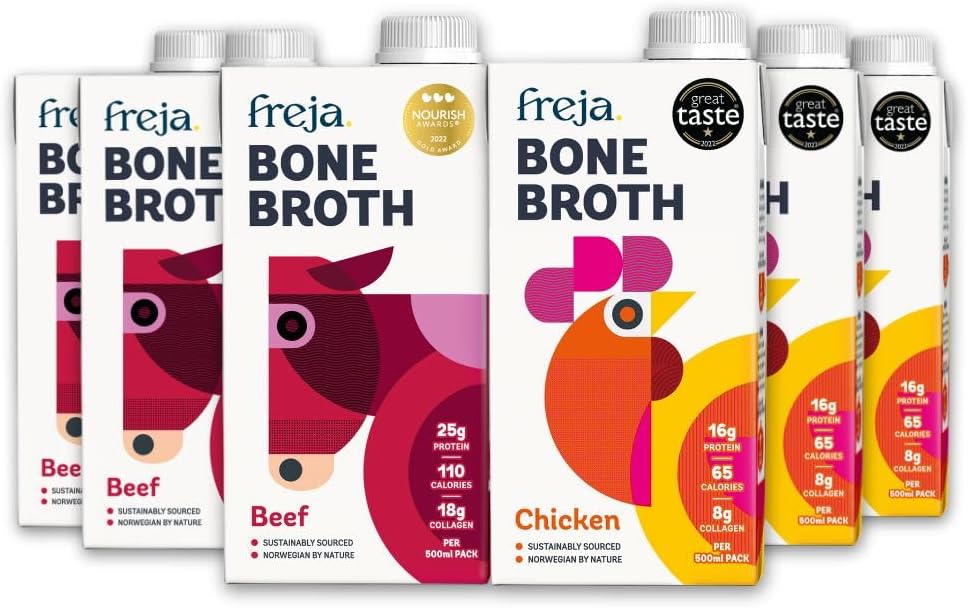 Freja Best of Bone Broth Mixed Pack | Beef & Chicken | Premium Broth | Delicious & Natural | Low Calorie | High Protein & Collagen | Not from Concentrate, Powder or Cubes | 6 x 500ml