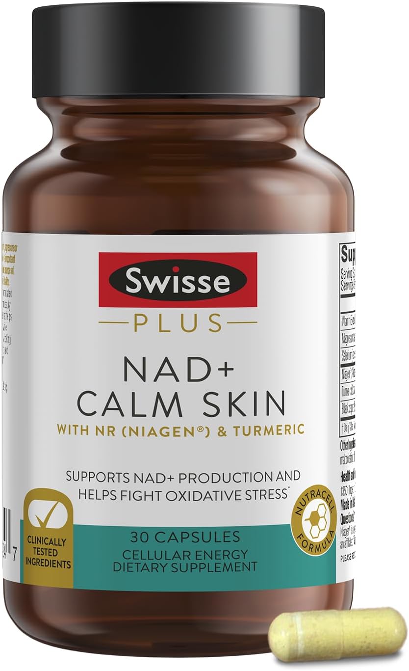 Swisse Plus NAD+ Calm Skin | Clinically Tested NAD+ Supplement | Supports Balanced, Healthy Skin | Anti-Aging Supplement for Women & Men | 30 Capsules