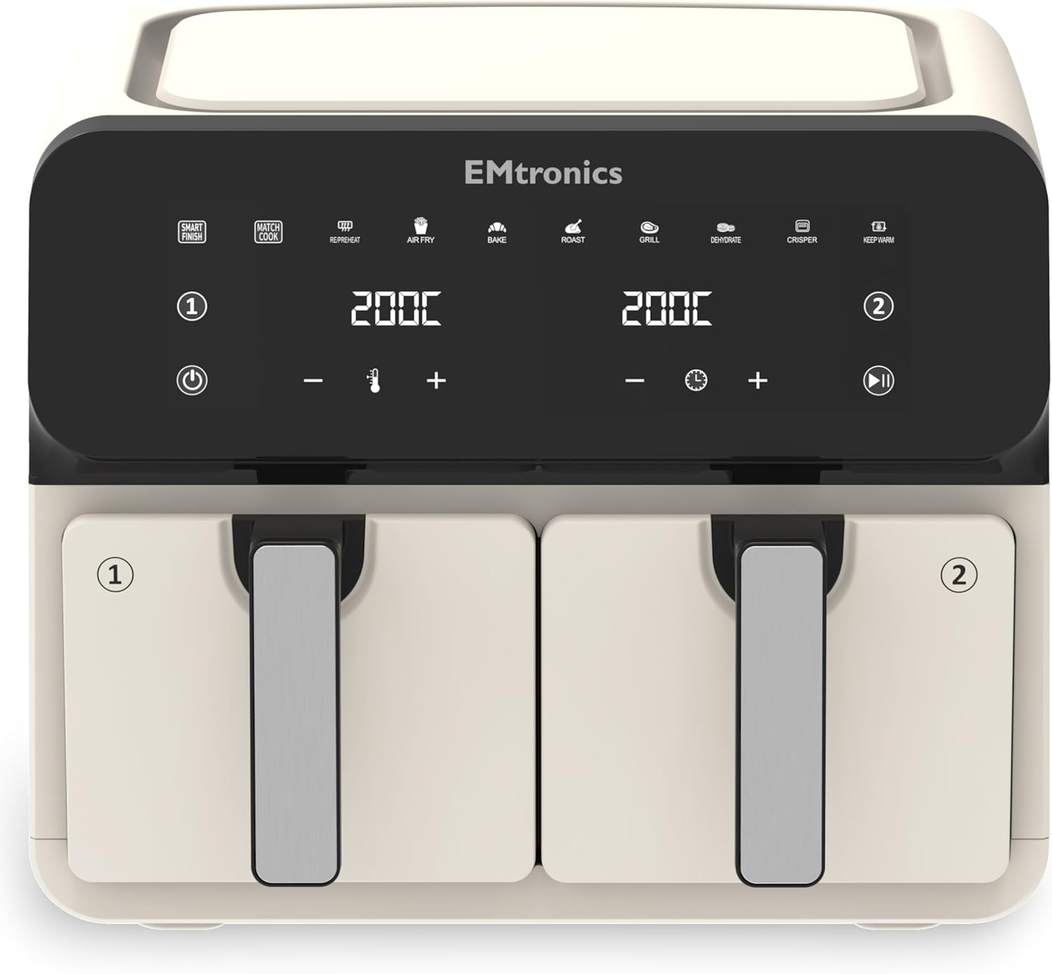 EMtronics 8L Dual Zone Air Fryer 2500W Family Size, 8 Preset Cooking Mode, Match Cook & Smart Finish Functions, 8 Litre - Cream