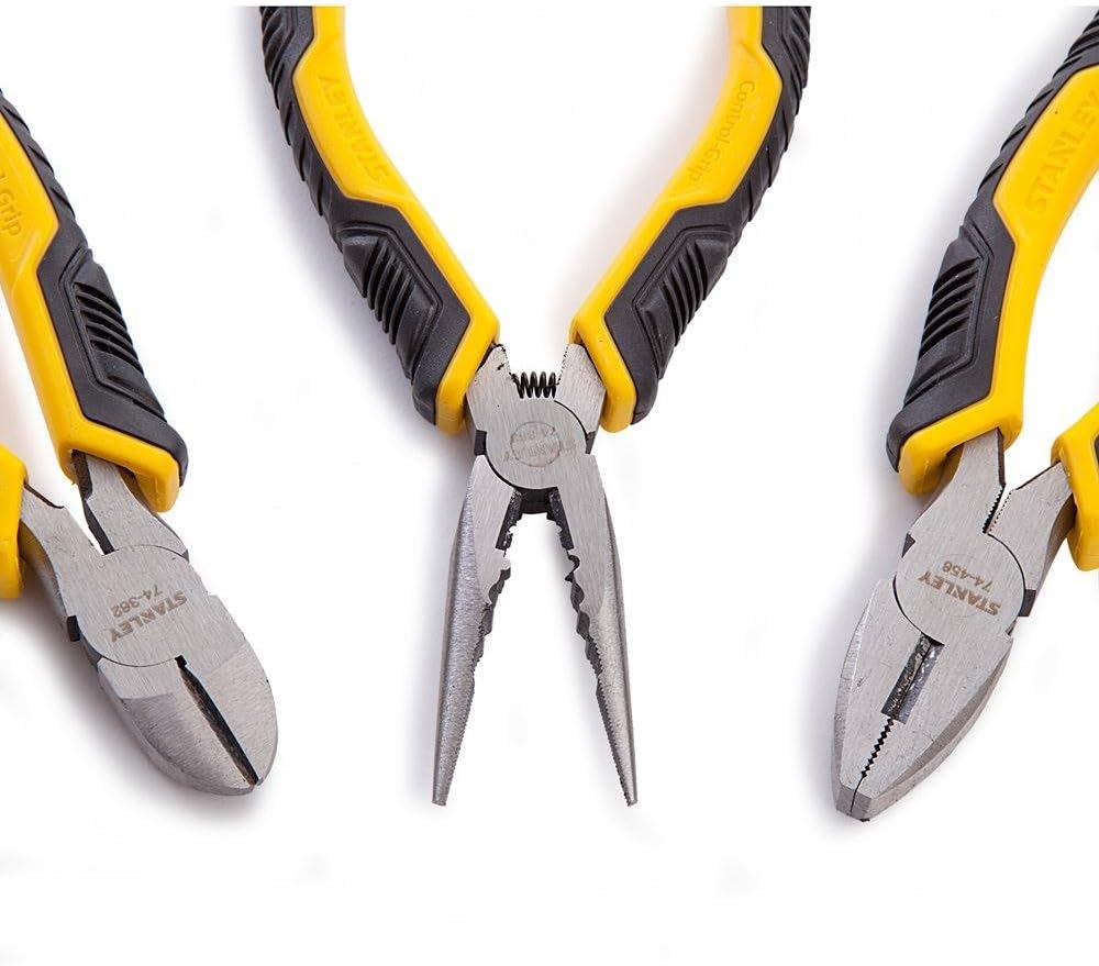 STANLEY STHT0-75094 3 Piece Control Grip Plier Set, Grip/Combination/Long Nose, Black/Yellow, 29.4894 cm*3.5052 cm*17.5006 cm