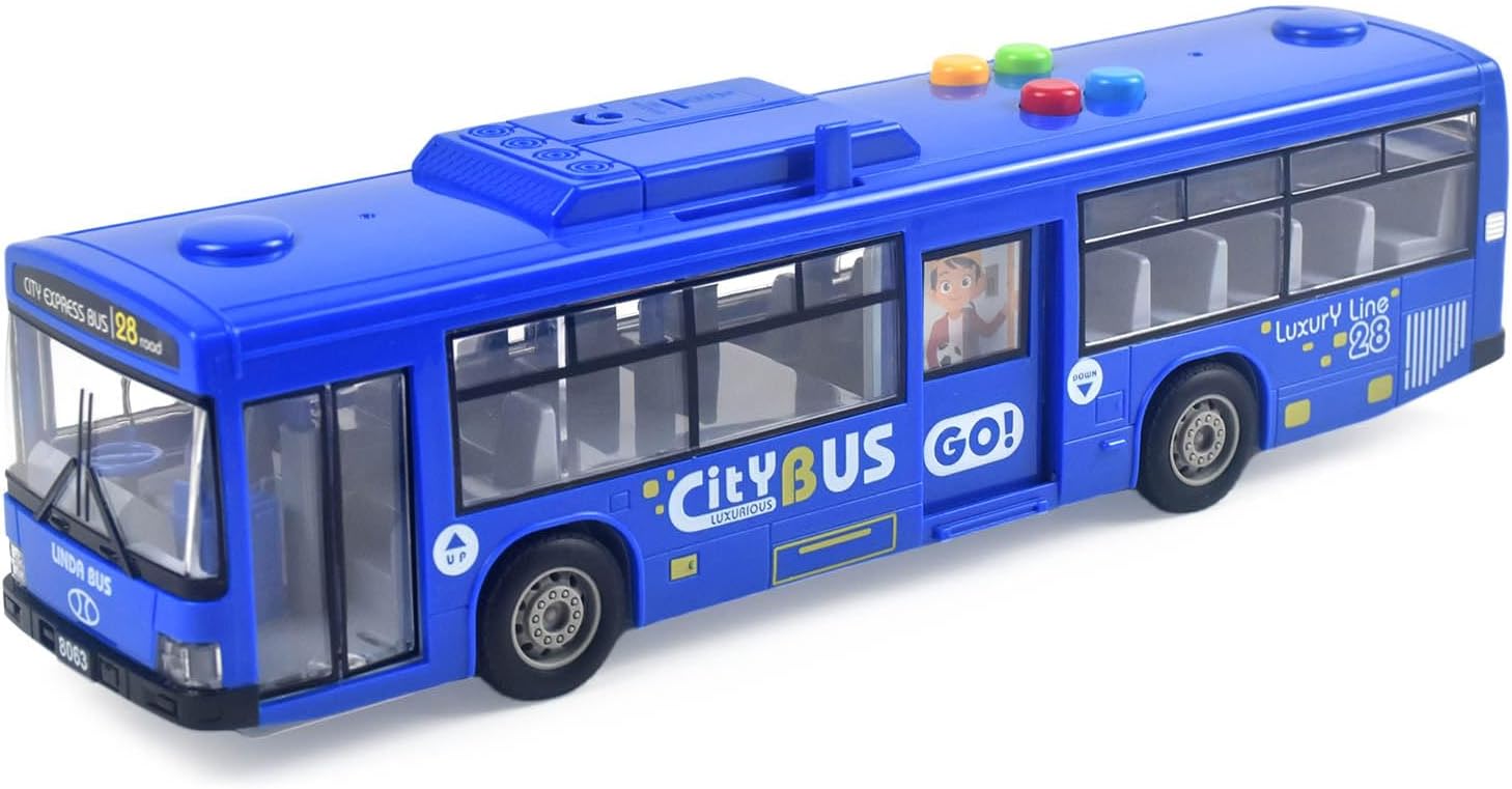 Cemirk Bus Toy for Boys and Girls - with Lights and Sounds, Realistic Tires, Simulated Functional Doors, Friction-Powered Movement, Blue