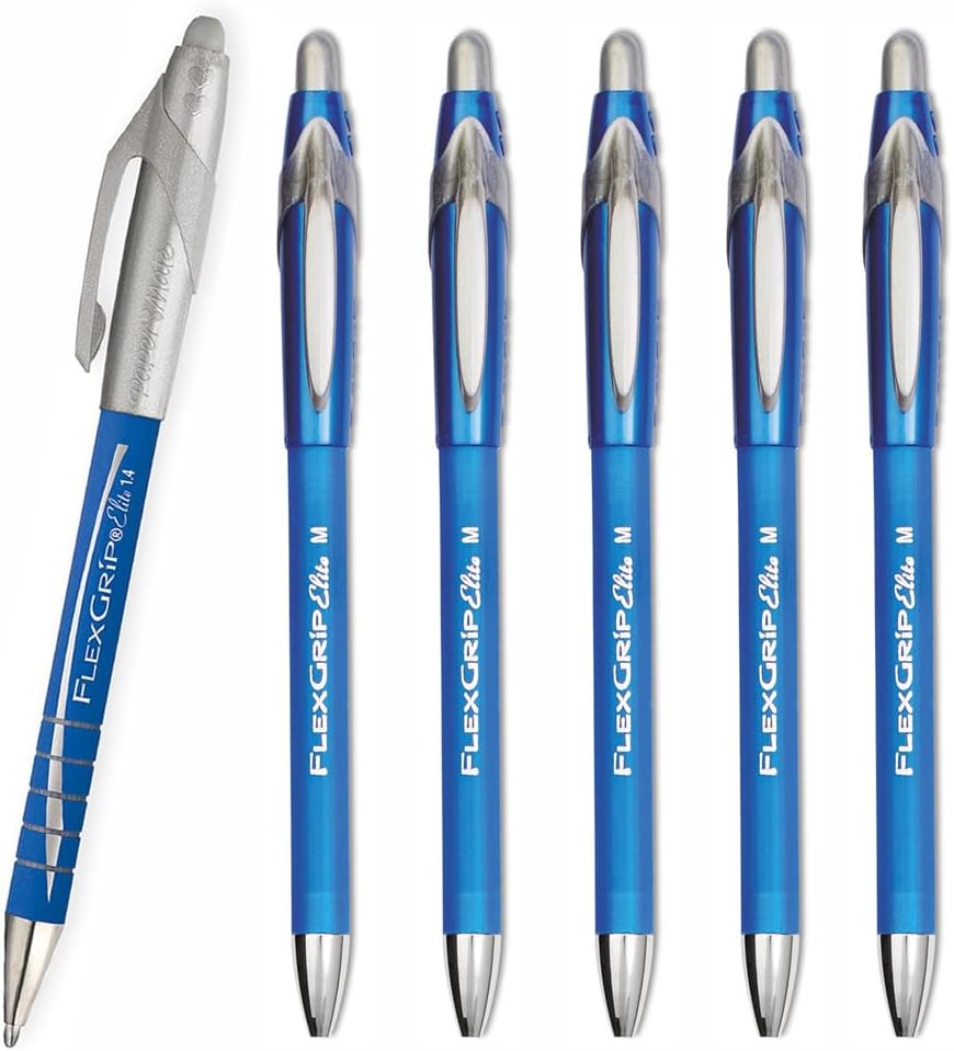 6 x Paper Mate Flexgrip Elite Retractable Ballpoint Pens | 1.4mm Medium Point Nib | Rubberised Barrel & Textured Gripping Rings for Comfort & Control | Blue Colour Ink - Loose in Plain Packaging