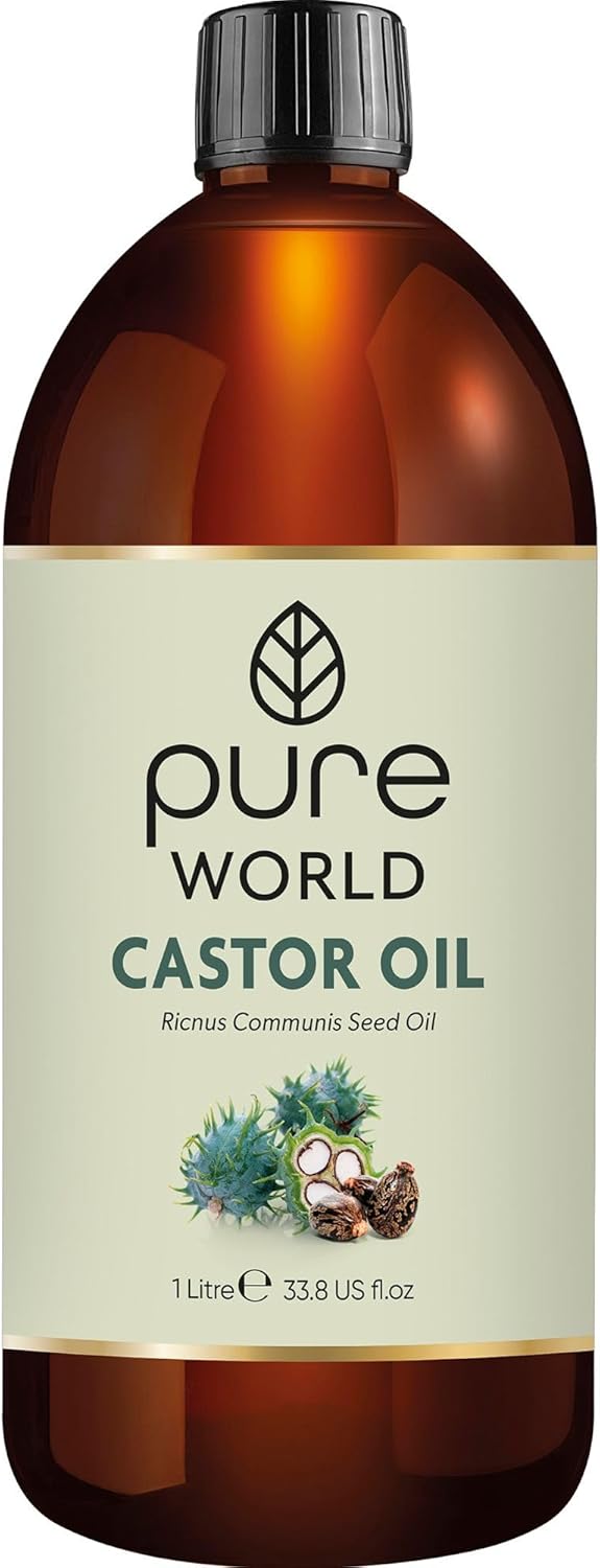 Pure World Natural Castor Oil 1 Litre 1000ml. Cold & Freshly Pressed 100% Pure and Undiluted Hexane Free for Eyebrows, Nails, Beard, Hair, Eyelash Growth Cruelty Free Food Grade