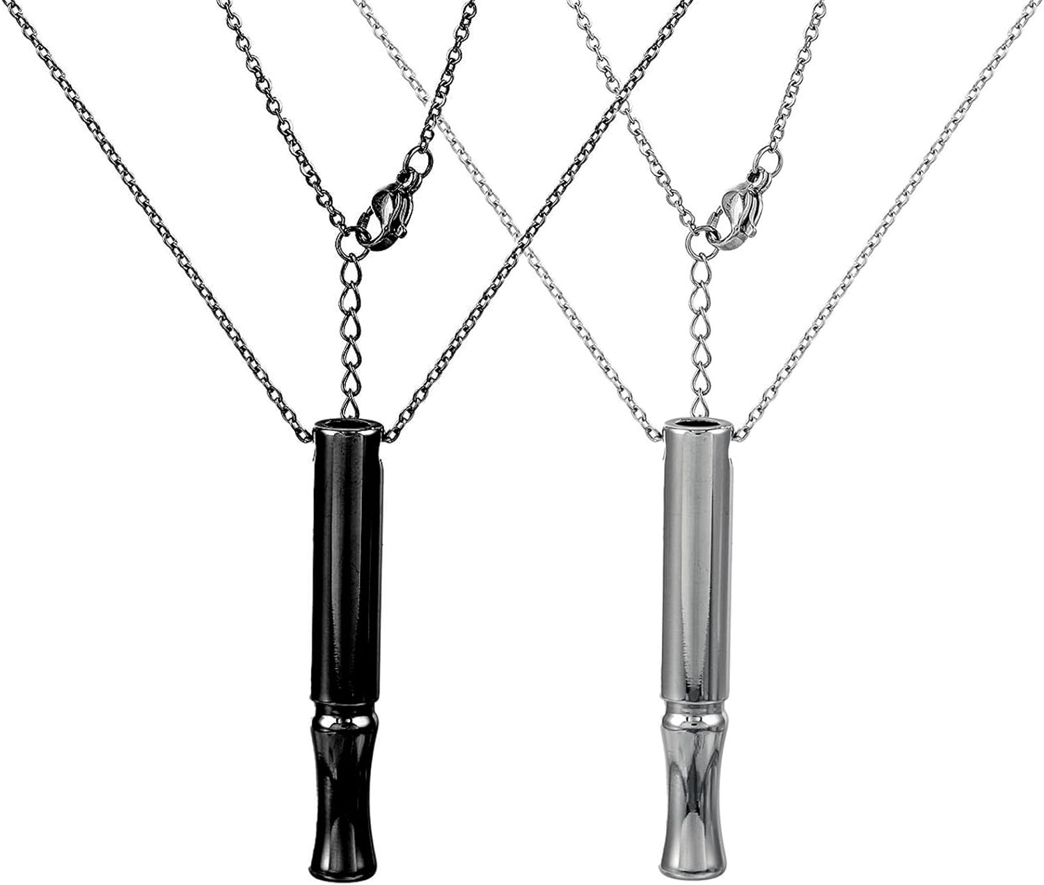 2PCS Breathing Necklace, Anxiety Relief Portable Inhaler Lanyard, Stainless Steel Whistle, for Women & Men Gifts (Black/Silver)
