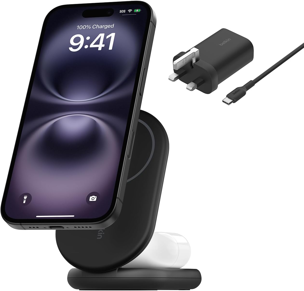 Belkin BoostCharge 2-in-1 magnetic foldable Qi2 charger 15W, MagSafe compatible wireless charger, fast charger for iPhone 16, 15, 14, 13, 12, charging station with non-slip base, PSU Included - Black