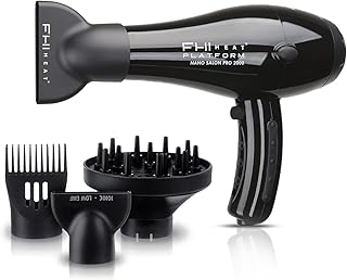 FHI HEAT Platform Nano Power Salon Pro 2000 Tourmaline Ceramic Quick Dry Hair Dryer with 3 Piece Attachment Set (Comb, Concentrator, and Diffuser), Black