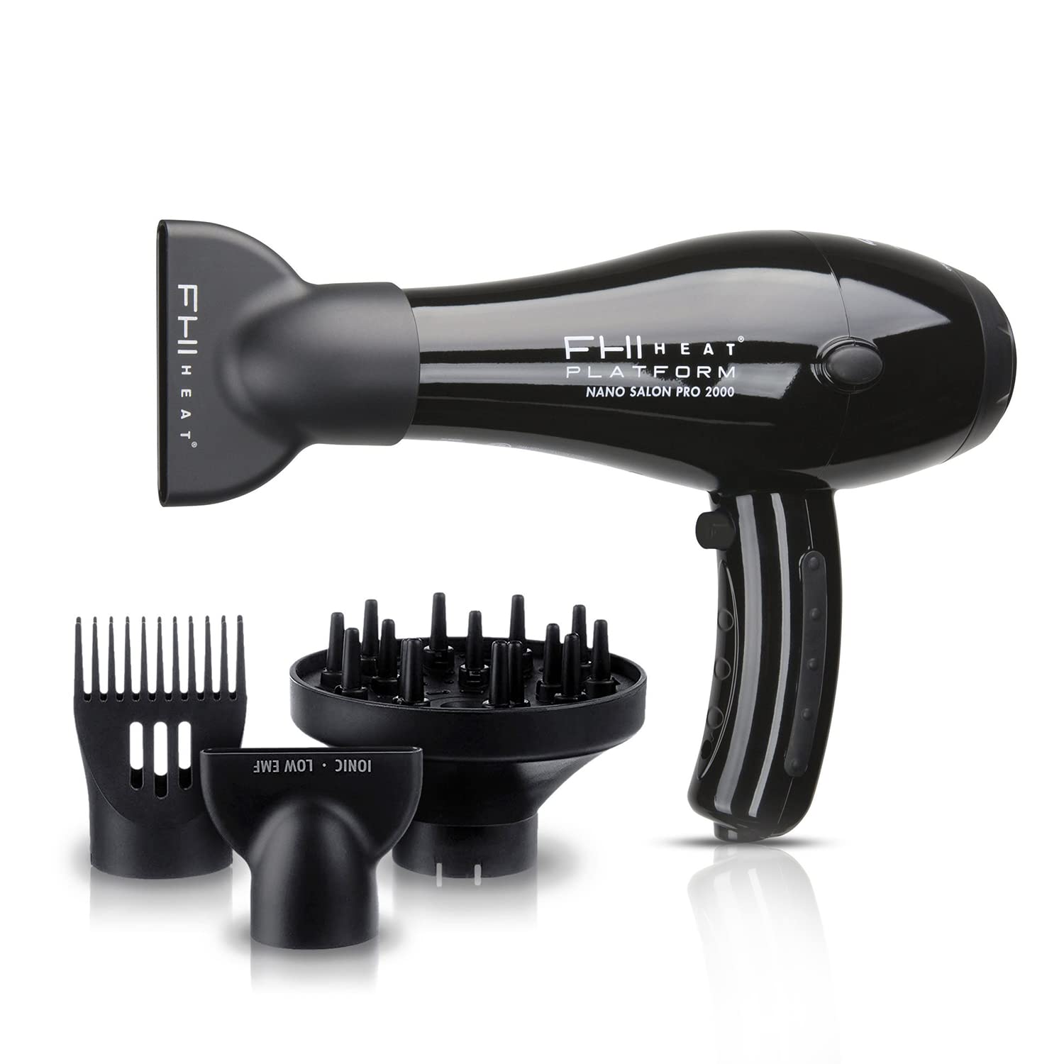 FHI HEAT Platform Nano Power Salon Pro 2000 Tourmaline Ceramic Quick Dry Hair Dryer with 3 Piece Attachment Set (Comb, Concentrator, and Diffuser), Black