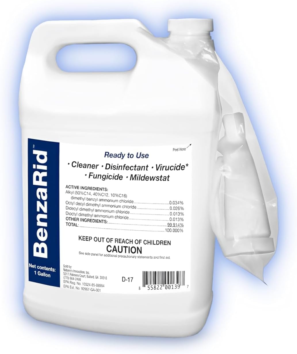 BenzaRid Hospital Disinfectant Sanitizer & Virucide | Kills 99.99% of COVID-19, Avian Flu H1N1,H1N2, H5N1, SARS, Bloodborne Pathogens, Staph, Bacteria & Mold | EPA Reg. | Child & Pet Safe 1 Gal