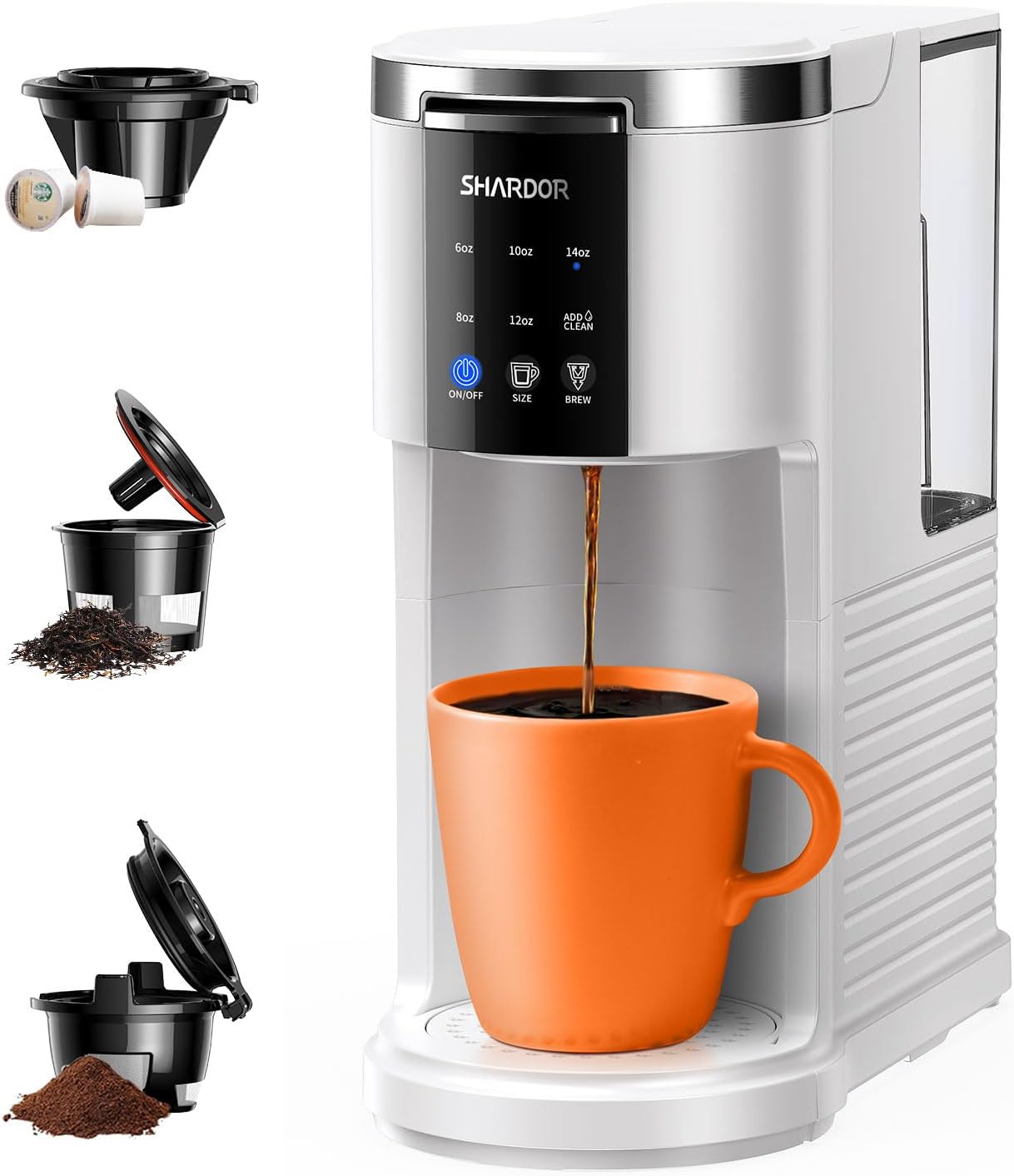 SHARDOR 3 in 1 Coffee Maker, K Cup Coffee Maker Compatible with Ground Coffee & Teas, Single Serve Coffee Machine, 6–14oz Brew Sizes, 40oz Detachable Water Reservoir, Descale Settings, White