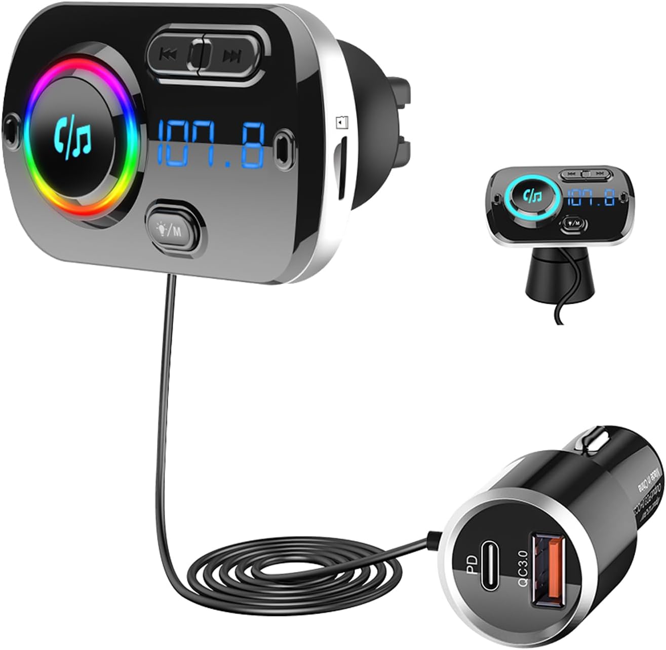 SONRU 2025 Newest FM Transmitter Bluetooth 5.3, Car Radio Adapter Hands-Free Car Kit, PD3.0 30W Type C & QC3.0 Fast Car Charger, Support TF Card, AUX Output, Crystal Sound, 1.1M Cable, 2 Install Ways