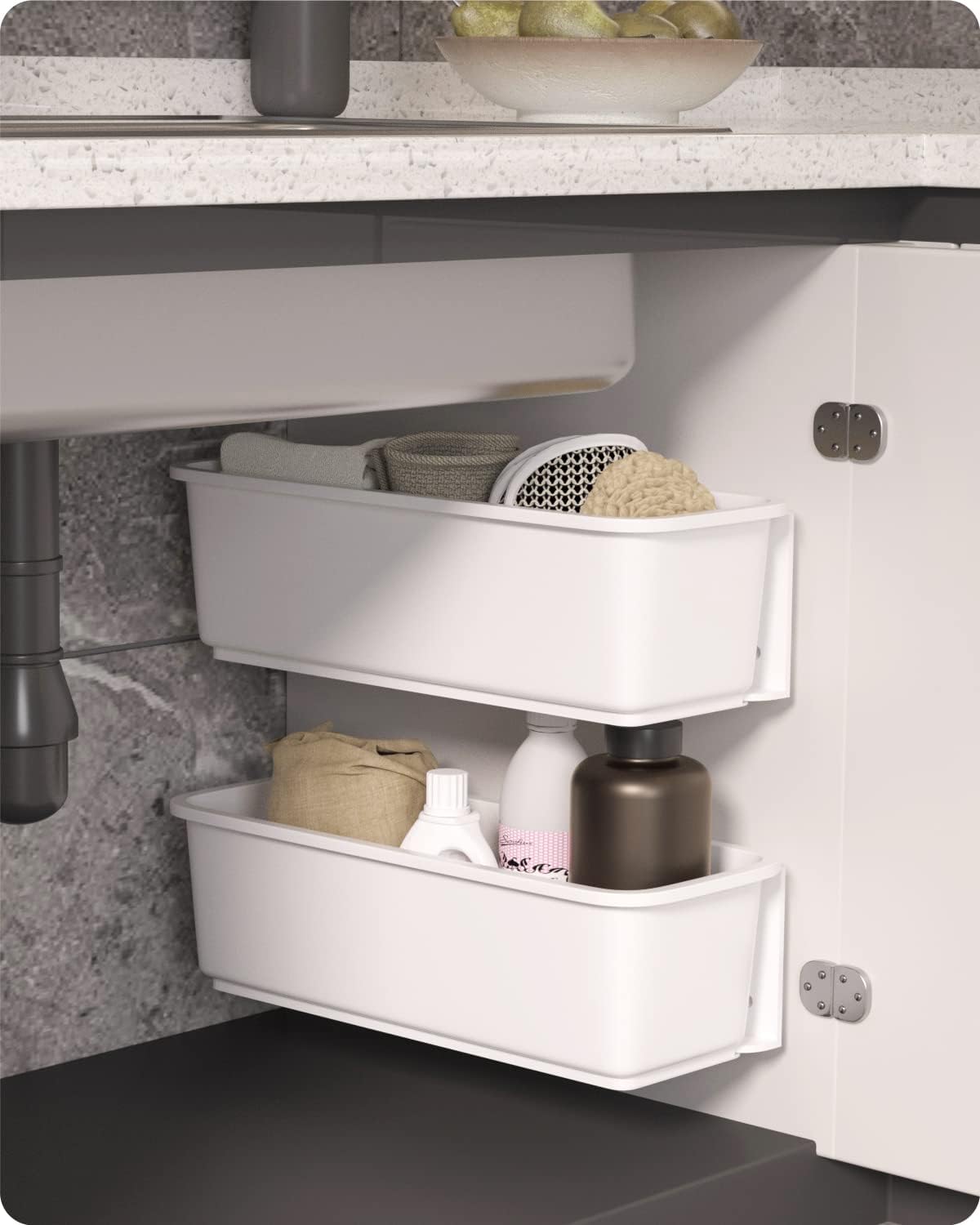 Baffect 2 pcs Kitchen Pull Out Cabinet Basket Organisers, Slide Out Under Sink Sliding Plastic Storage Drawers for Kitchen Bathroom Undersink (White)