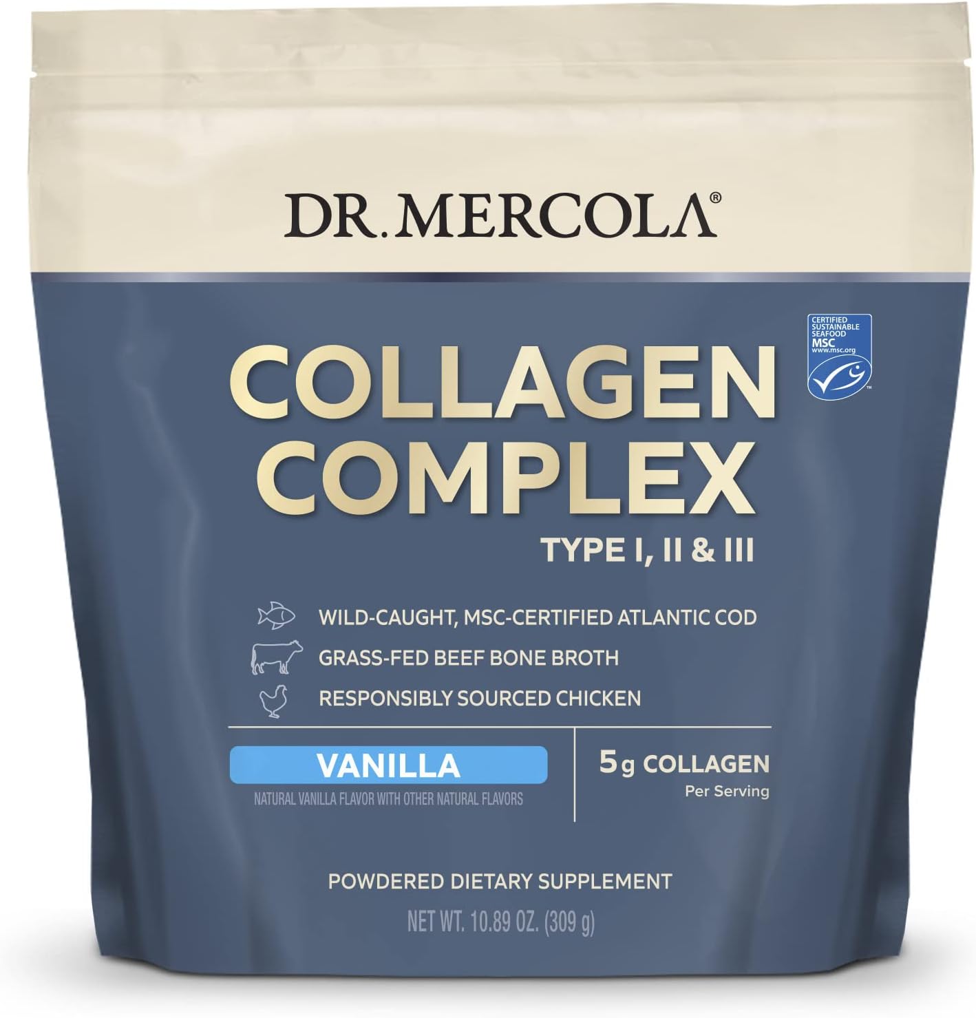 Dr. Mercola Collagen Complex Powder - Supports Skin Elasticity & Tissue Health - Multi-Source Collagen Types I, II & III - Non-GMO, Gluten-Free & Soy-Free - 10.89 oz (30 Servings) - Vanilla