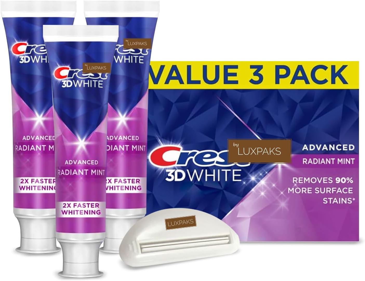 CRST 3DWhite Advanced Radiant Mint Teeth Whitening Toothpaste, 3-Pack of 3.3 oz - Removes 90% More Stains, Whitens 2X Faster Bundled with LUXPAKS Toothpaste Squeezer