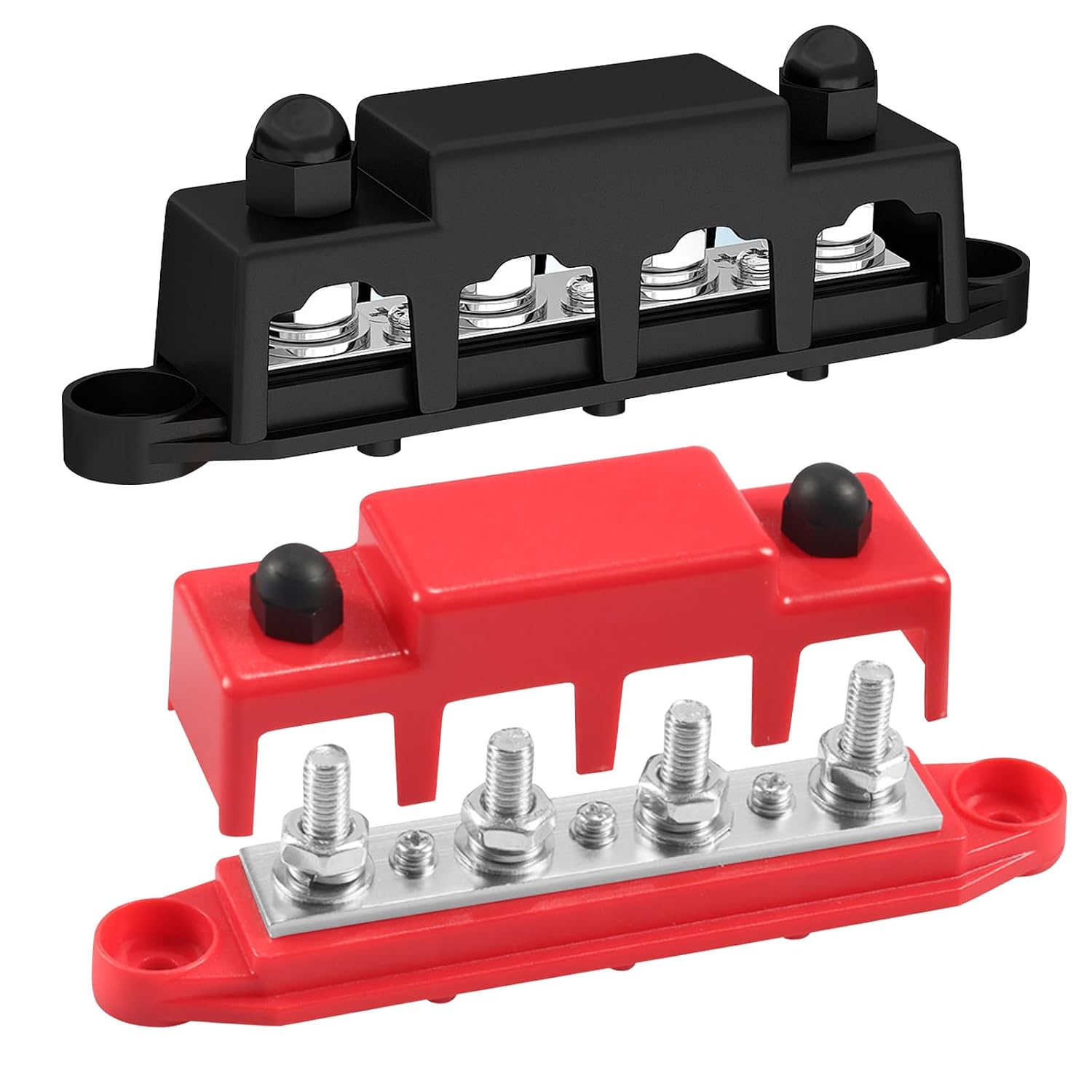 12V-48V DC Bus Bar Power Distribution Block Battery Terminal Bus Bar 2pcs,4 x M8 Terminal Studs with Cover and Ring Terminals 250 Amp for Cars RVs Ships Yachts(Red+Black)